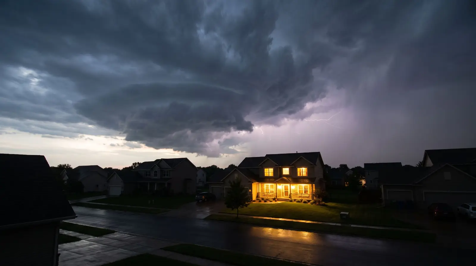 Storm clouds over a Minnesota street with one home glowing bright