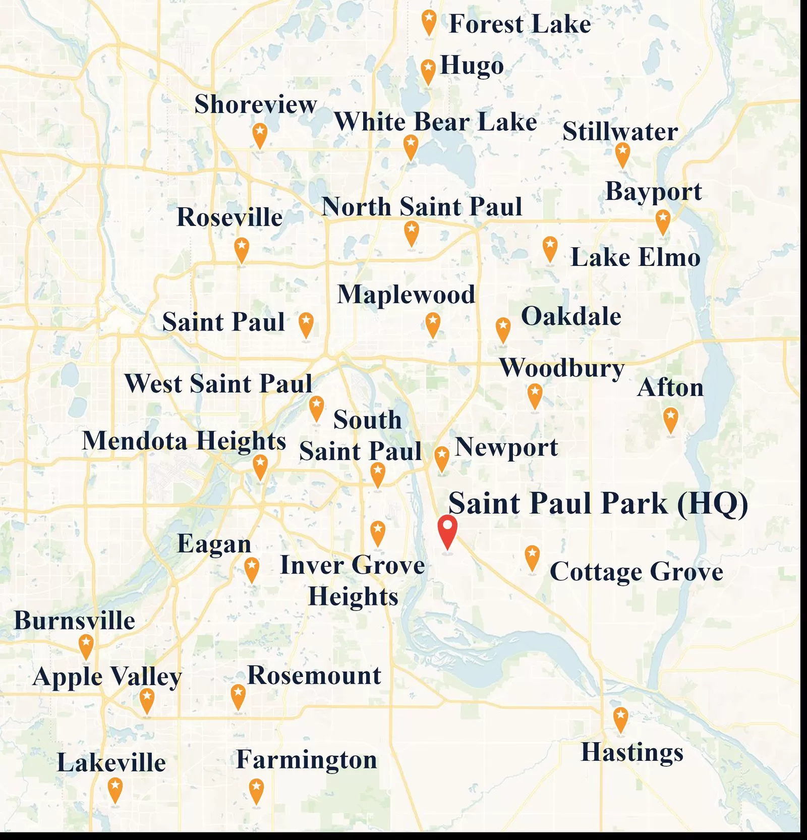 Map of the 28 Twin Cities metro communities Three Rivers Electric serves across Dakota, Washington, and Ramsey counties, with the Saint Paul Park headquarters marked in red