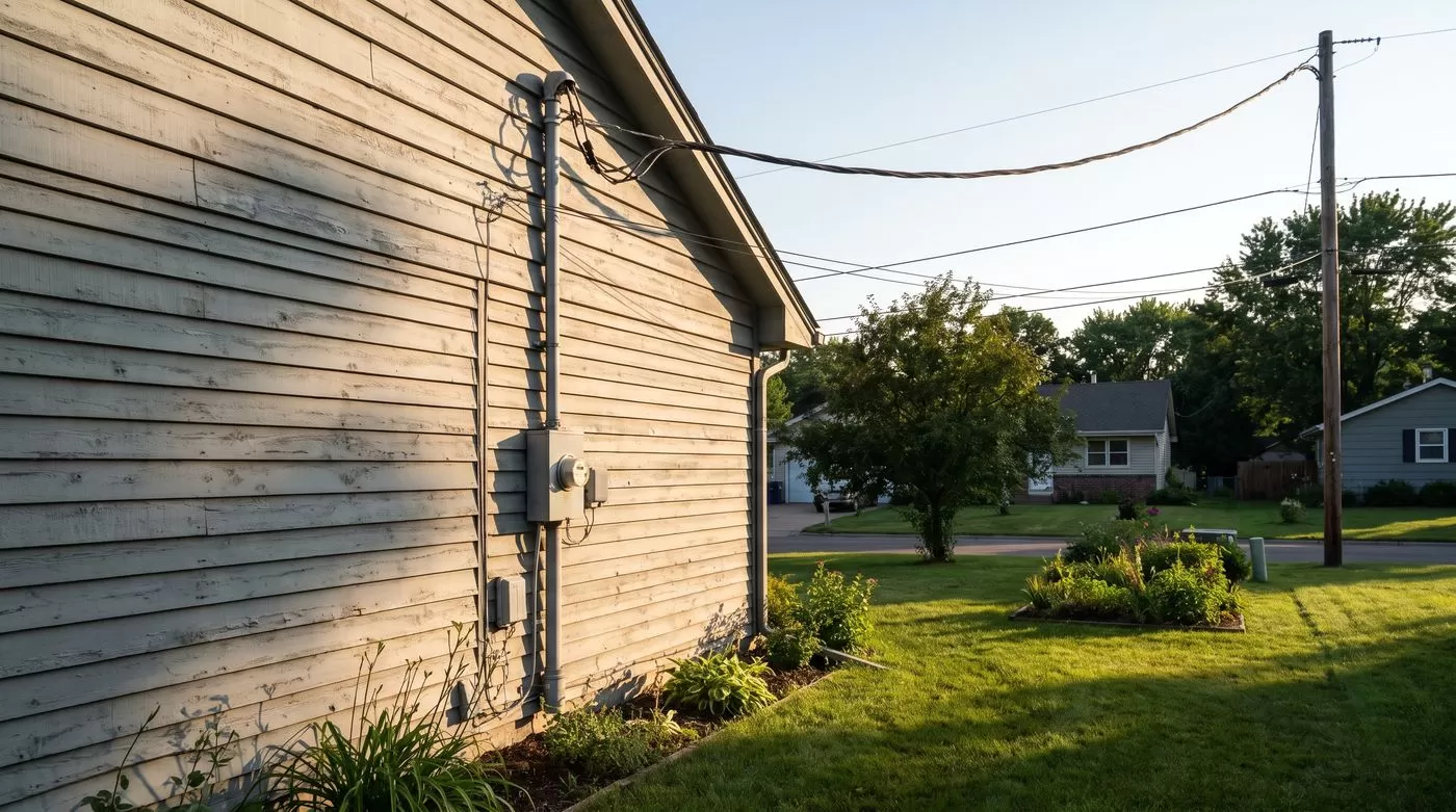 Home electrical service meter and mast on house exterior