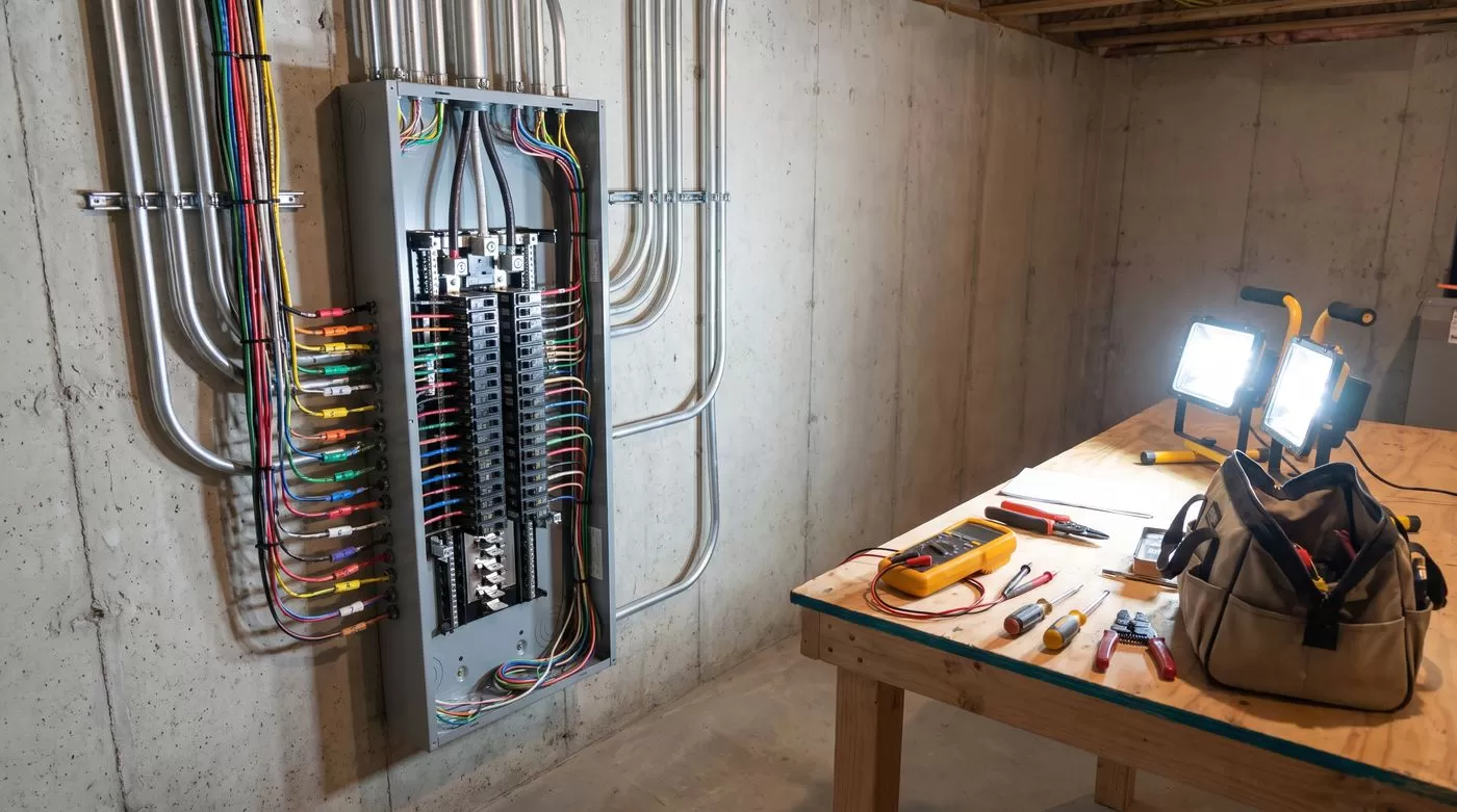 Electrical panel upgrade in progress with new conduit and tools