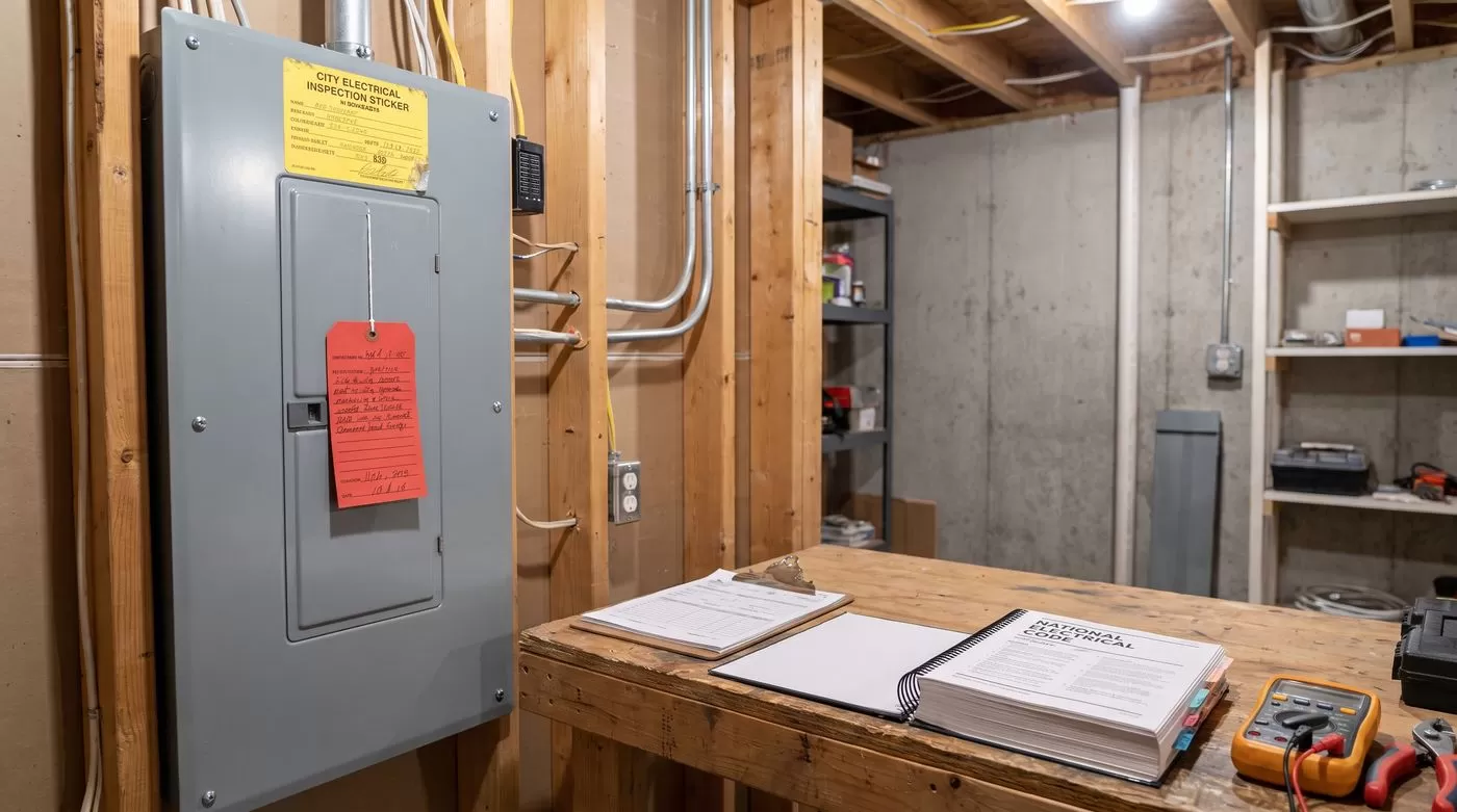 Electrical inspection permit tag on a residential panel