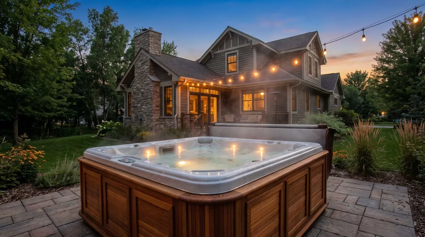 Backyard hot tub at dusk behind a Minnesota home