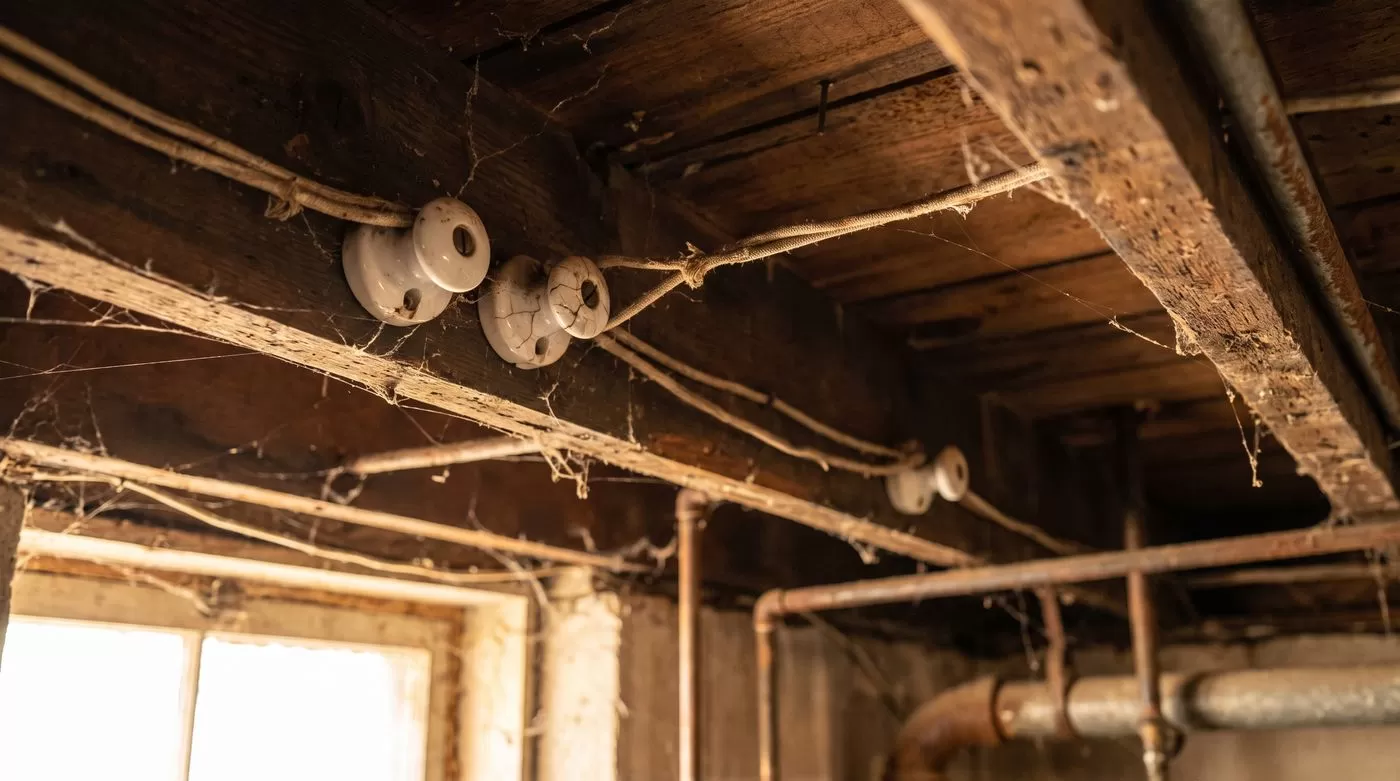 Old knob-and-tube wiring on basement joists in a 1920s home