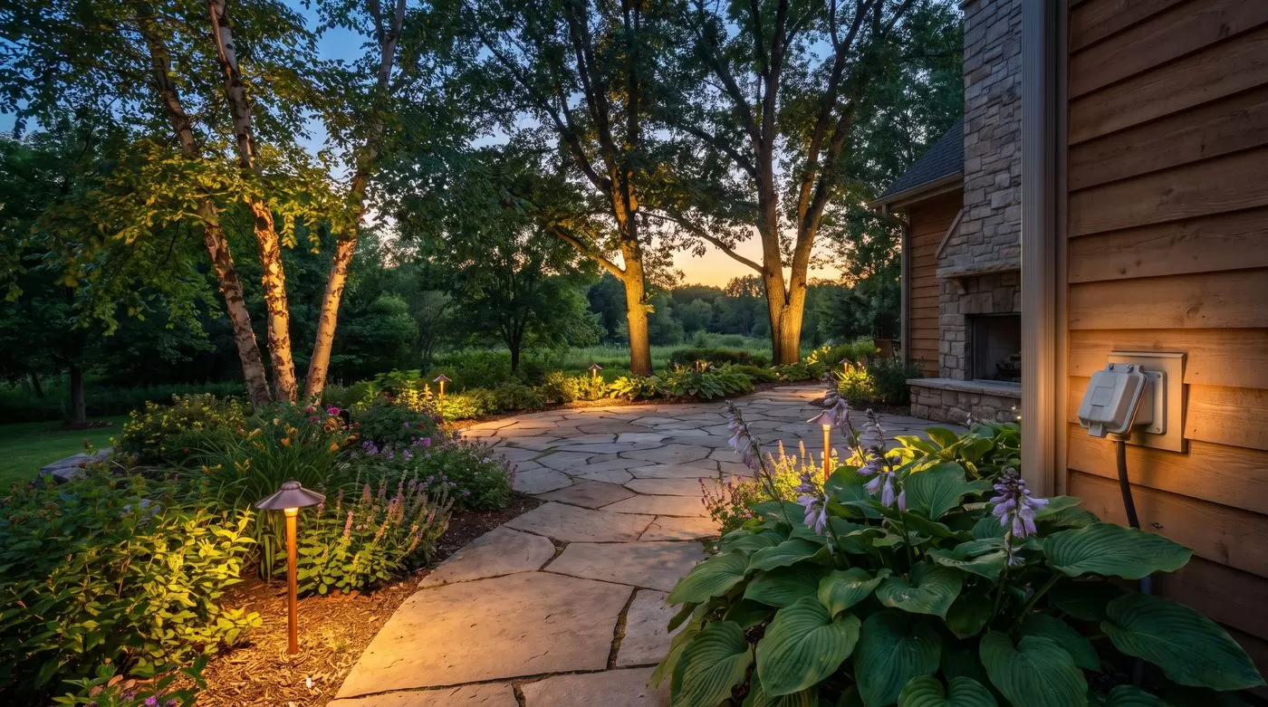 Backyard landscape lighting and outdoor outlets at dusk