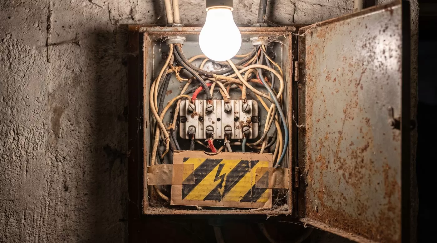 Overloaded old fuse box with crowded wiring