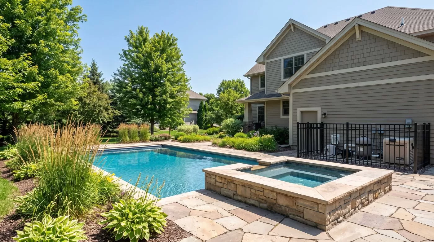 Backyard pool and spa with equipment pad at a Minnesota home