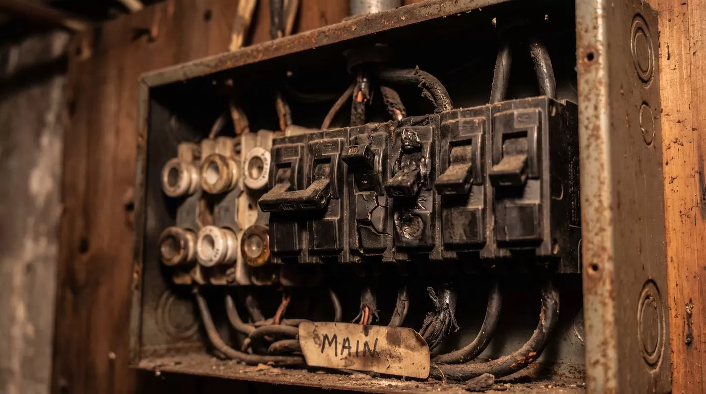Close-up of heat-damaged breakers in an outdated panel