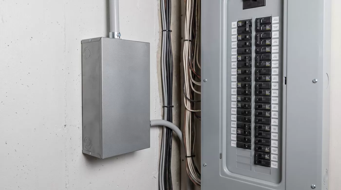Whole-house surge protector installed next to an electrical panel